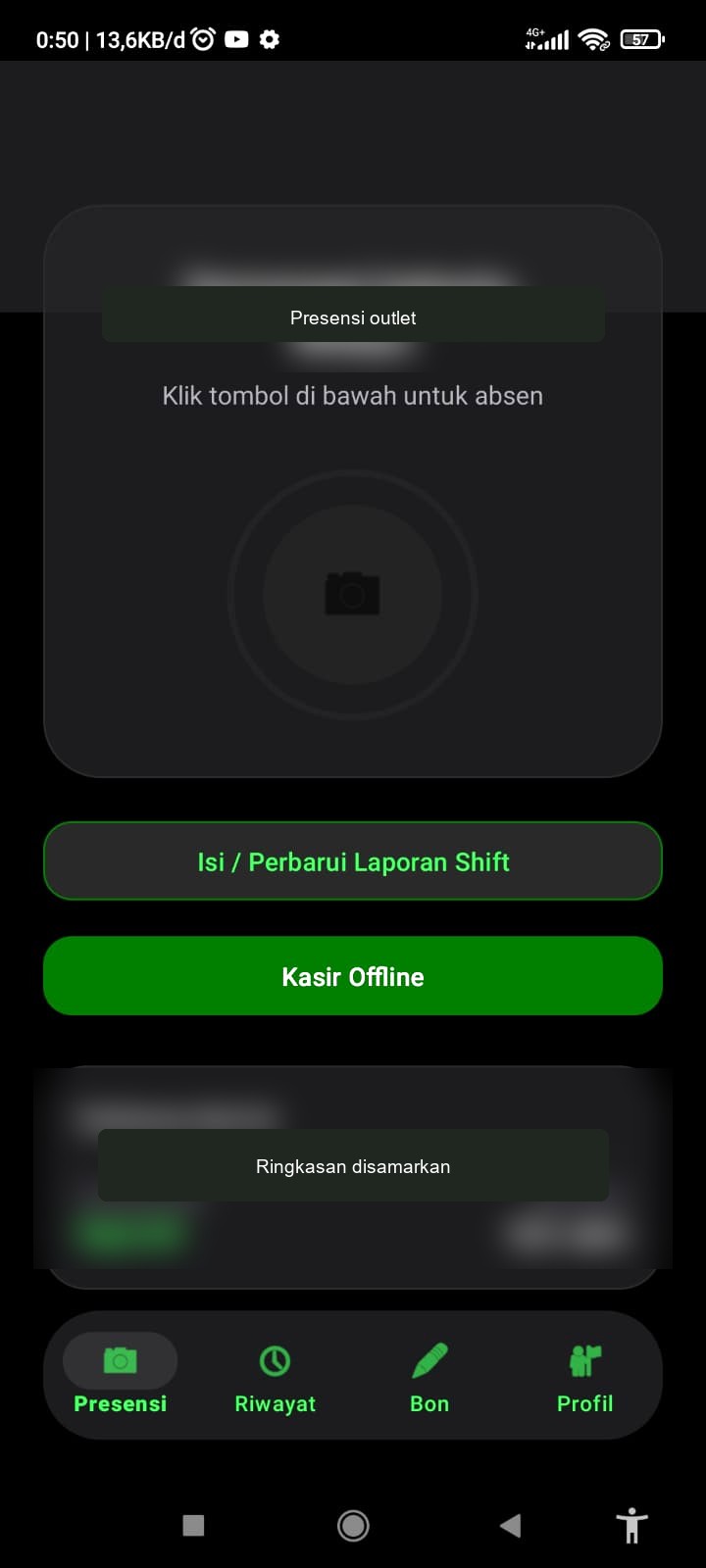 Layar penuh aplikasi outlet dengan identitas dan ringkasan disamarkan
