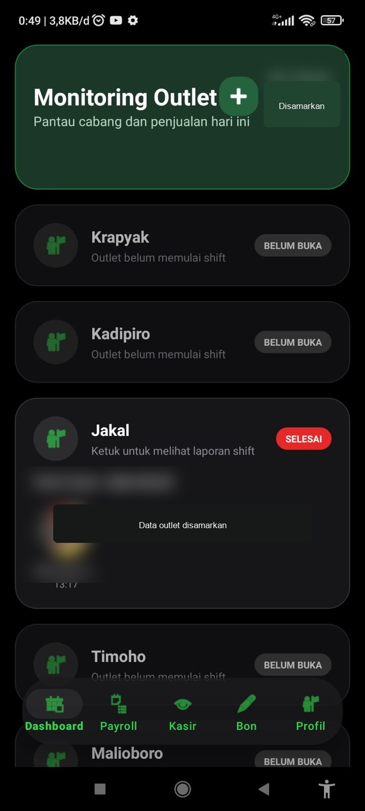 Layar penuh monitoring outlet dengan angka dan informasi pegawai disamarkan